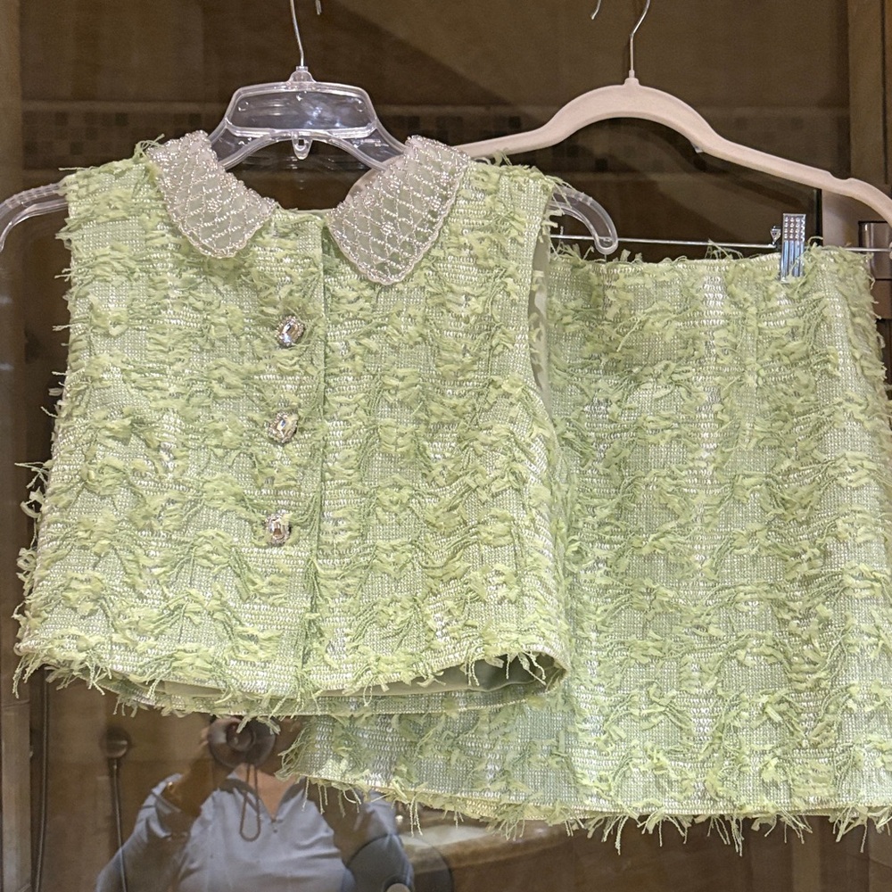 Stylish Green Textured Set with Beaded Collar